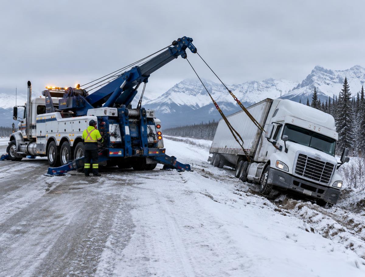 Heavy-duty tow truck recovering a commercial semi truck in snow